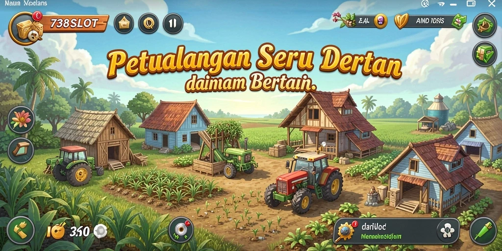 Screenshot gameplay <strong>738SLOT</strong> menunjukkan lahan pertanian yang indah dan subur.