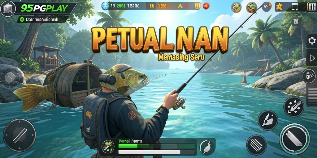 Screenshot utama 95PGPLAY menunjukkan aksi seru memancing di danau.