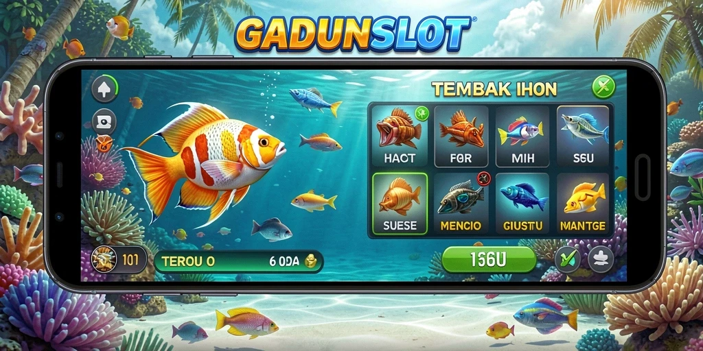 Tampilan gameplay seru GADUNSLOT saat menembak ikan.