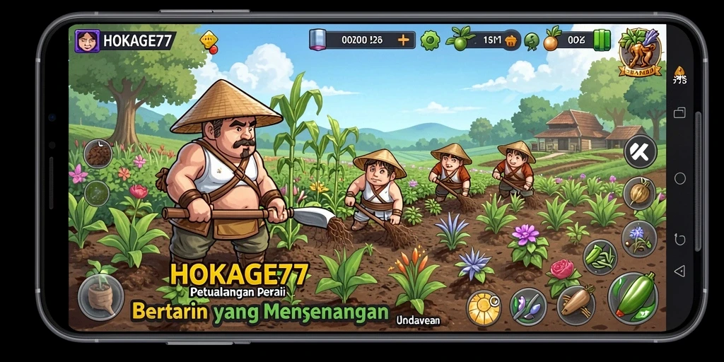 Screenshot gameplay HOKAGE77 menampilkan suasana kebun yang indah dan aktivitas bertani.