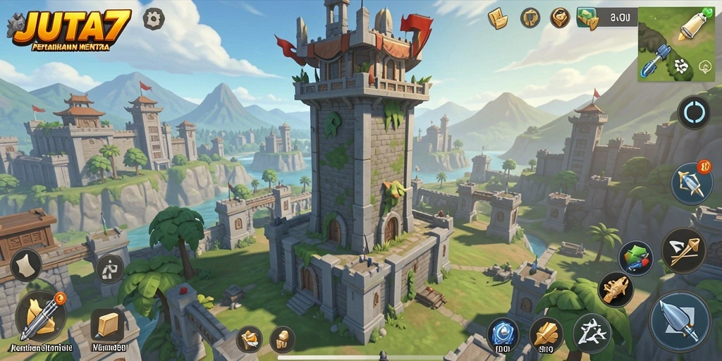 Tampilan gameplay JUTA7 saat melawan gelombang musuh di menara.
