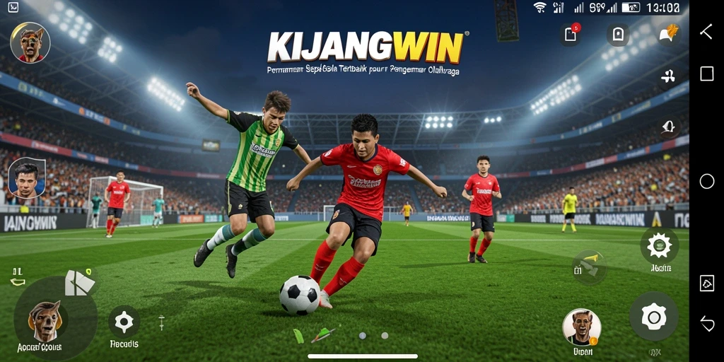 Tampilan gameplay KIJANGWIN dengan aksi menarik di lapangan sepak bola.