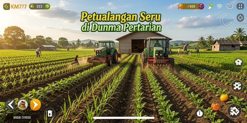 Screenshot gameplay KM777 menunjukkan suasana pertanian yang cerah dan interaksi sosial antara pemain.
