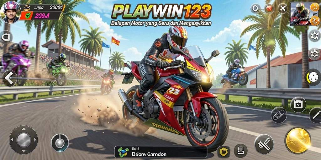 Screenshot gameplay <strong>PLAYWIN123</strong> yang menunjukkan aksi balapan motor yang intens.