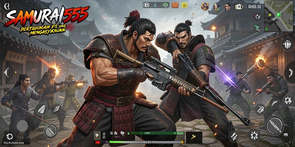 Tampilan seru pertempuran dalam SAMURAI555 dengan aksi cepat dan grafis menawan.